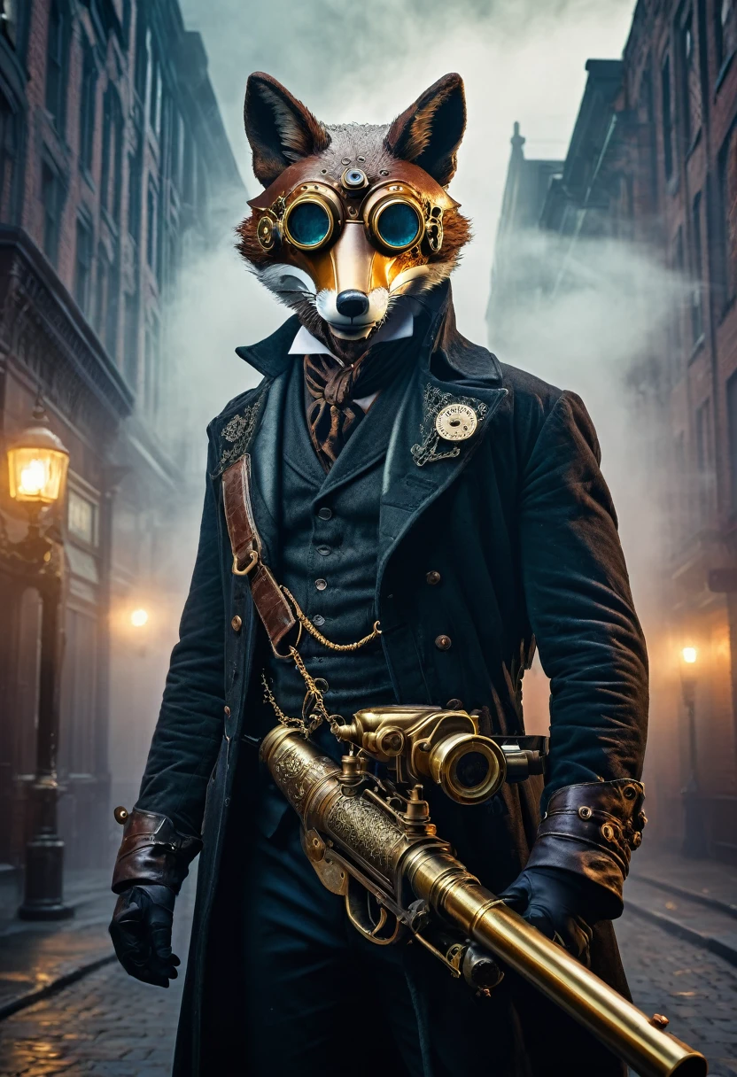 a victorian xix century, gaslamp fantasy style scene, steampunk detective with a glass mechanical arm, a broken fox mask covers half of its face. a giant three barrel steampunk brass shotgun resting on his shoulder, in a dynamic pose, leather outfit. Full shot Standing over a building edge, on the background the city streets and buildings in fog, moody lighting, fog ethereal dramatic atmosphere, high contrast, cinematic, intricate details, ornate steampunk design, brass metal textures, glowing steam vents, mechanical gears, cogs, rivets, steam powered technology, chiaroscuro lighting, deep shadows, cool color tones, muted palette, photorealistic, 8k, ultra-detailed, best quality, masterpiece.