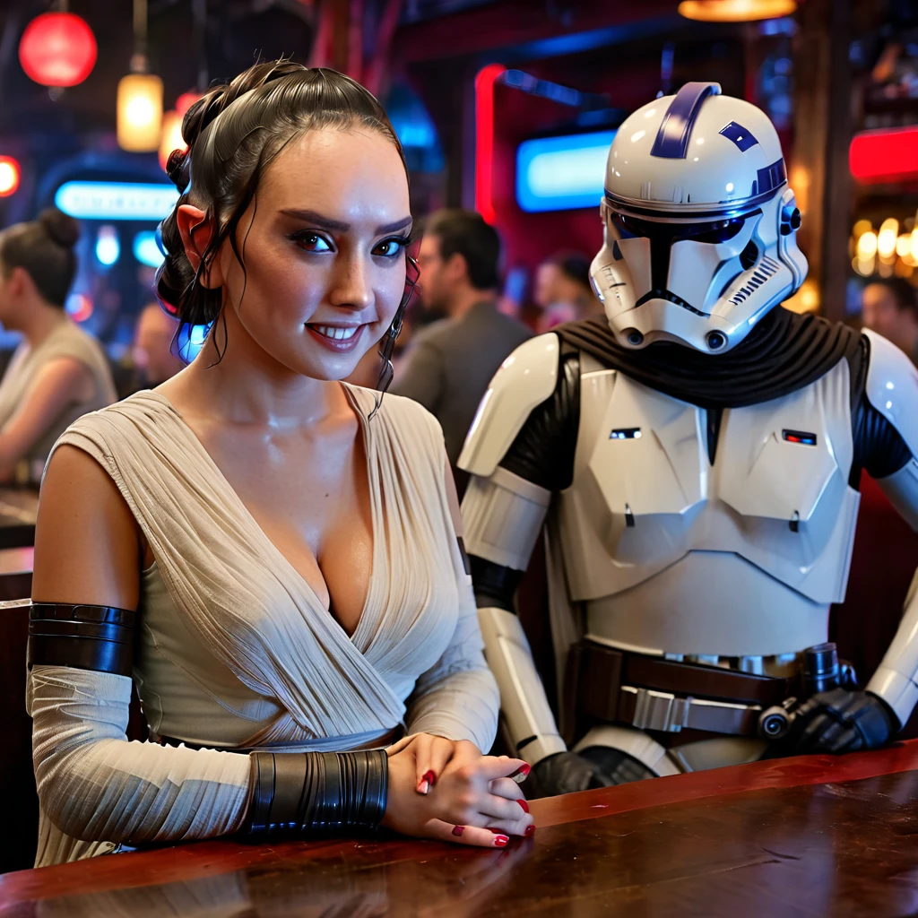 (rey skywalker (large breasts cleavage) and kylo ren relaxing at bar drinking smiling, masterpiece night-club crowds of star-wars characters clone-troopers Twi'lek-females aliens creatures laughing drinking rebel-soldiers girl-rebel-pilots:1.2), (best quality, expressive eyes, perfect face uhd high definition photograph, extremely detailed eyes face nose hands, perfect hands fingers,rey,Perfect Hands,