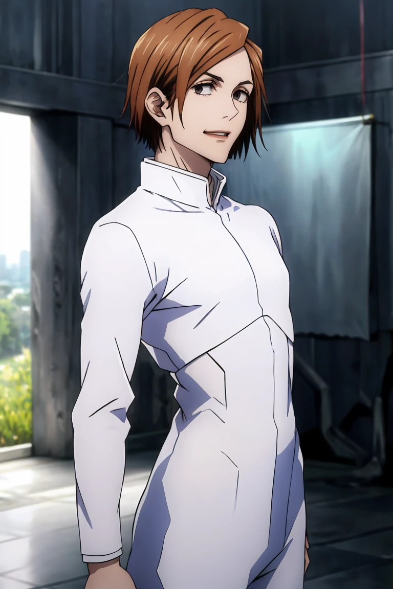 1 boy, second skin shirt, white padded pants, cute Satoru gojo, defined body, white hair with a hint of purple at the ends, clear blue eyes, volumetric lighting, best qualityer, work of art, details Intricate, sharp focus, hyper detailled, trends in the Art season, 4K. Laughing with open arms looking like a cross 