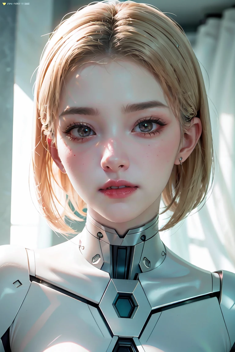 《The role of artificial intelligence》。（（（Virtual character design：Psychological counselor。miss，20 years old，white short hair，Exquisite facial features，beautiful make up，Skin details，Smile）））。（（white suit））。((Super realistic details))。 illumination, light and shadow, octane rendering, 8k, super sharp,complicated, Accessory details,atmosphere, full body,