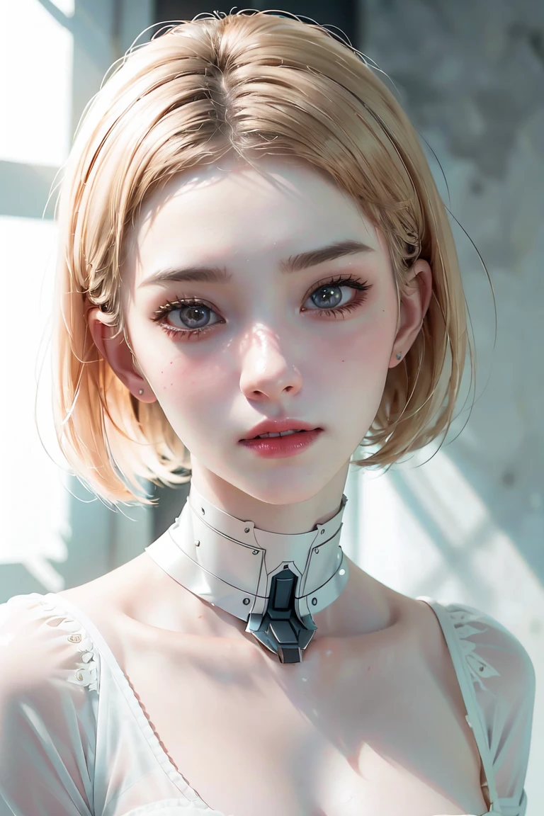 《The role of artificial intelligence》。（（（Virtual character design：Psychological counselor。miss，20 years old，white short hair，Exquisite facial features，beautiful make up，Skin details，Smile）））。（（white suit））。((Super realistic details))。 illumination, light and shadow, octane rendering, 8k, super sharp,complicated, Accessory details,atmosphere, full body,