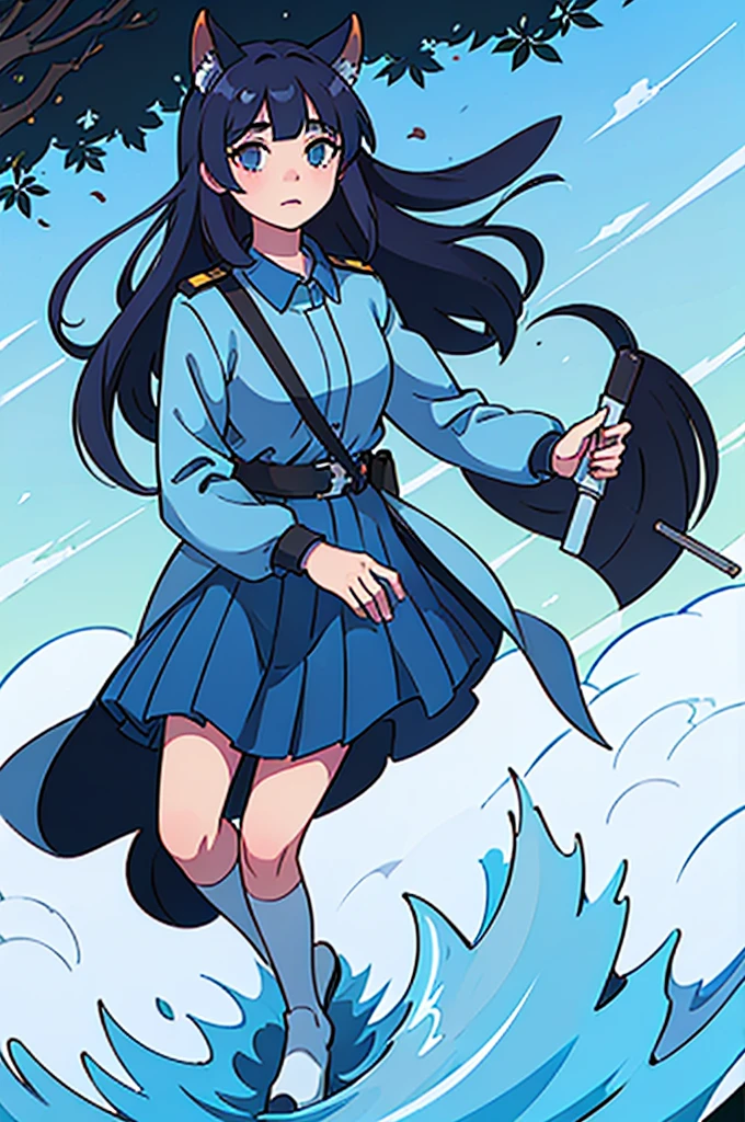 ((best quality 4, masterpiece)), 1girl, military, flowers, blue uniform, officer military, medic, fox ear, white long hair, outdoor, blue sky, holding first aid kit, high quality art