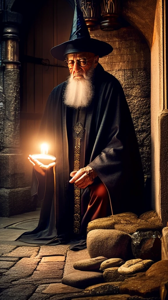 A wizard-like old man, astrology, occult, fortune-telling, crystal ball, candlelight, dark alley, moody atmosphere, detailed face, intricate robes, mysterious expression, dramatic lighting, elderly hands, cobblestone street, urban setting, fantasy, cinematic composition, realistic, photorealistic, masterpiece, 4k, ultra-detailed