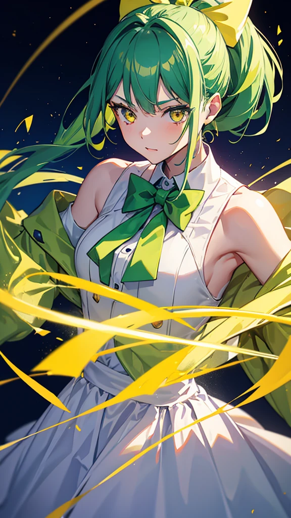1girl,9 year old girl,green hair,yellow eyes,ponytail,white suit,green overall,Purple bow tie,upper body,hyper detailed,cinematic lighting,best quality,masterpiece,blue background