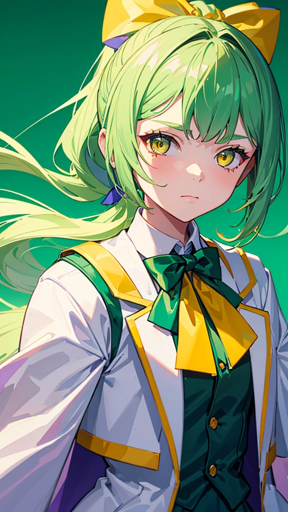 1girl,9 year old girl,green hair,yellow eyes,ponytail,white suit,green overall,Purple bow tie,upper body,hyper detailed,cinematic lighting,best quality,masterpiece,blue background
