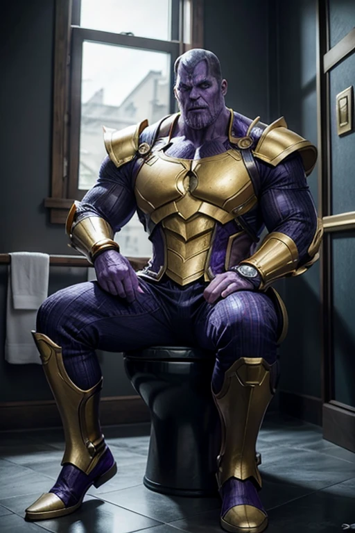 Thanos with gauntlet sitting on a toilet 