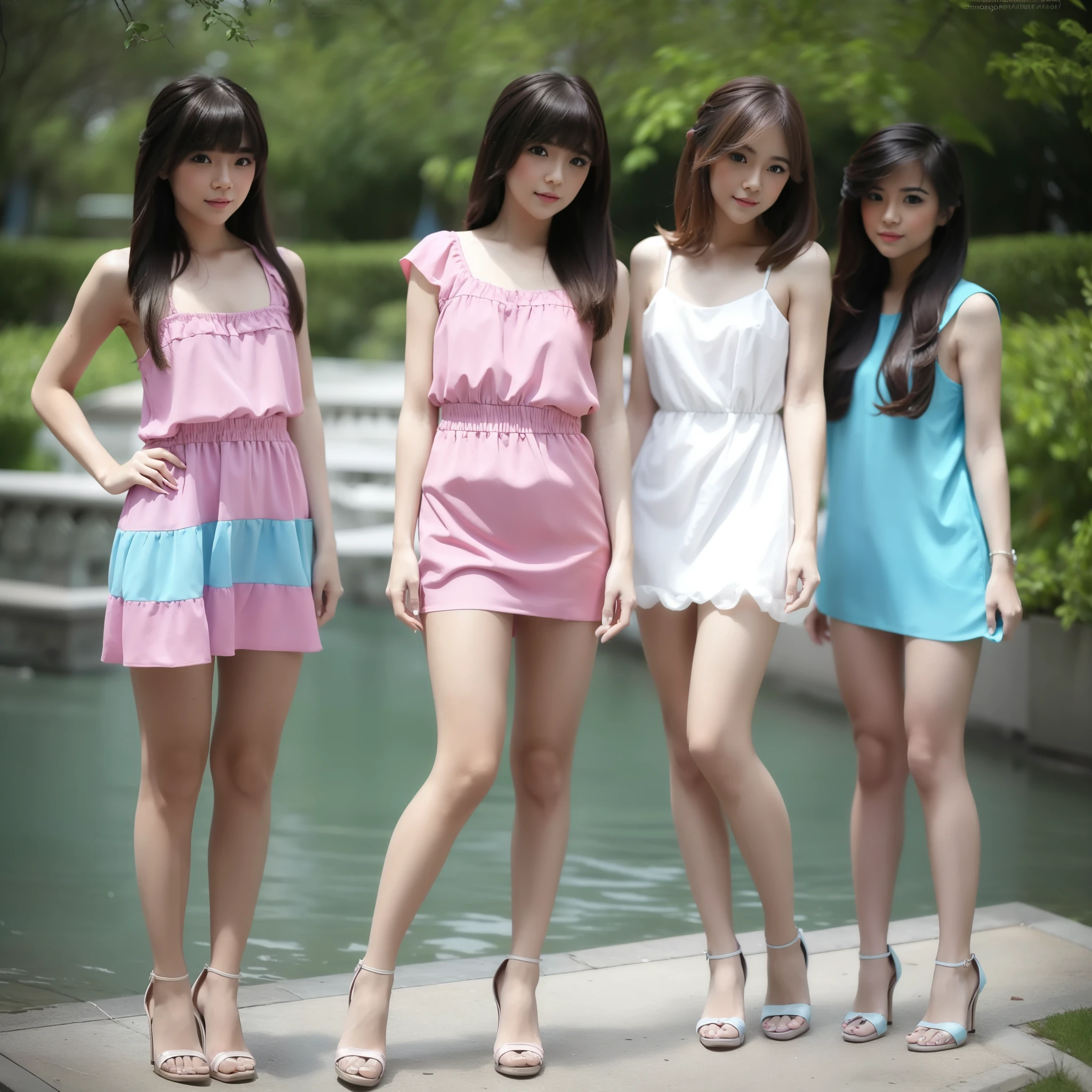 A beautiful 4 girls in pink blue aqua and red tight mini house dress, wearing bikini g-string, full body, with female friends, bobbed long hair, bangs hairstyle, high heels, little smile, standing,(best quality,4k,8k,highres,masterpiece:1.2),ultra-detailed,(realistic,photorealistic,photo-realistic:1.37),vivid colors,high fashion,glamour,portrait,fashion,beauty