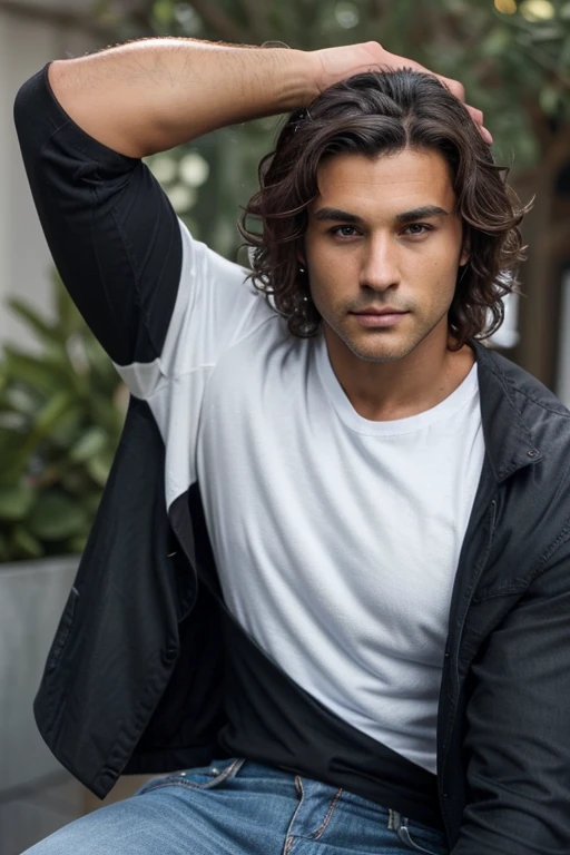 Handsome Man 36, lean muscular body, tan skin olive, his eyes are big and blue, 1.90m, his hair is dark brown with natural waves that flow down his shoulders, a little stubble unshaved, wearing a black jacket, white t-shirt, jeans, good quality