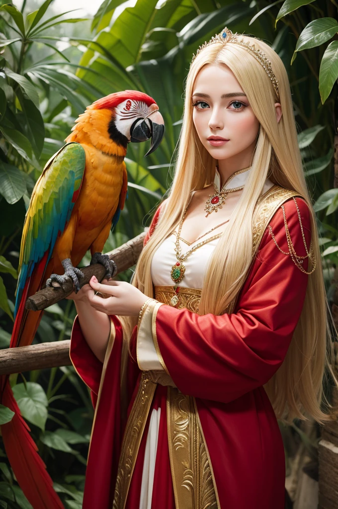 Blonde Turkish princess holding a red macaw