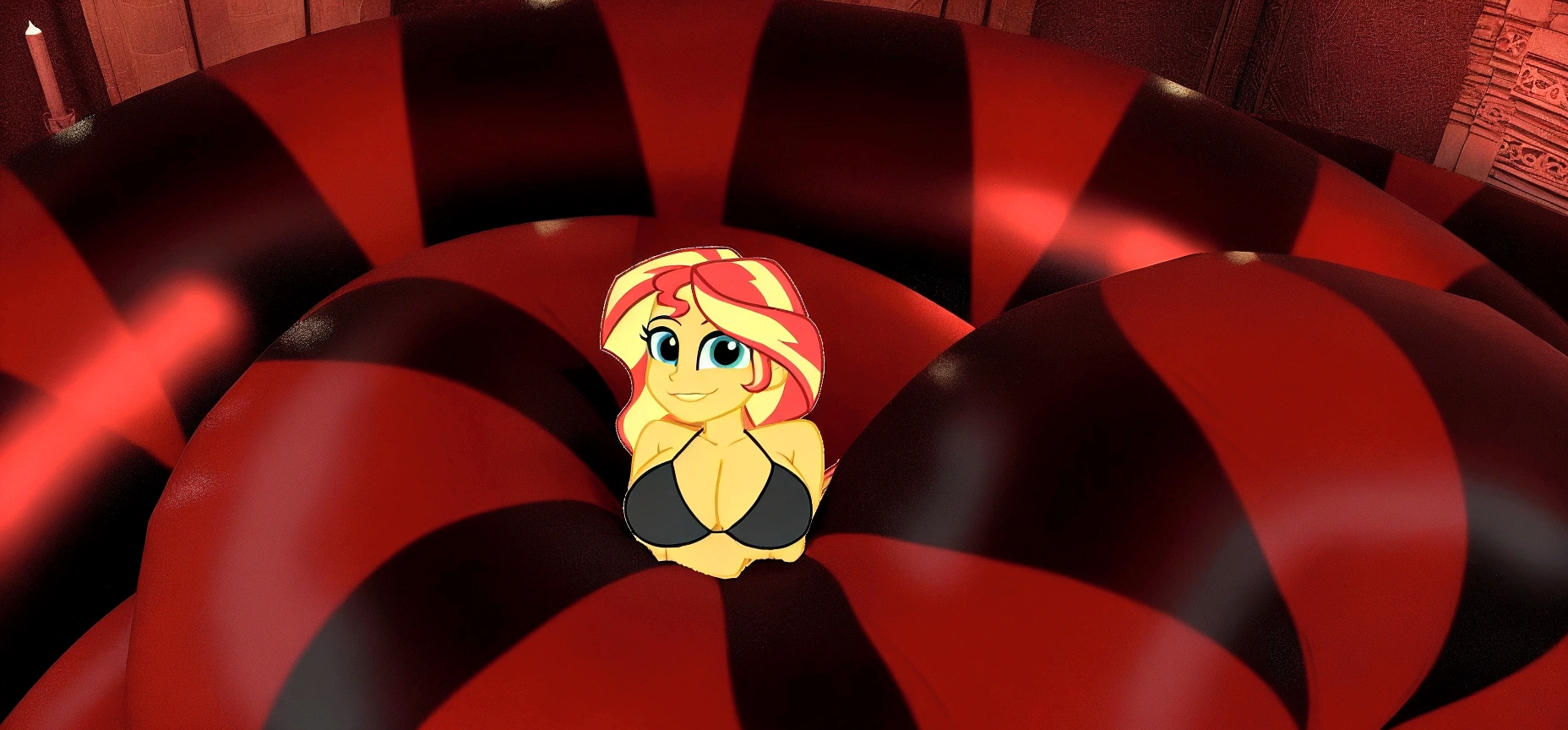 there is a cartoon picture of a woman in a red and black striped room, fan art, sunset!, dreamcore looking, pudica pose, bust shot, sun behind her, sitting in her room, sfw version, poppy, anthropomorphic mare, mlp fanart, barrel chested, pinky pie my little pony, high quality fanart, doing a hot majestic pose