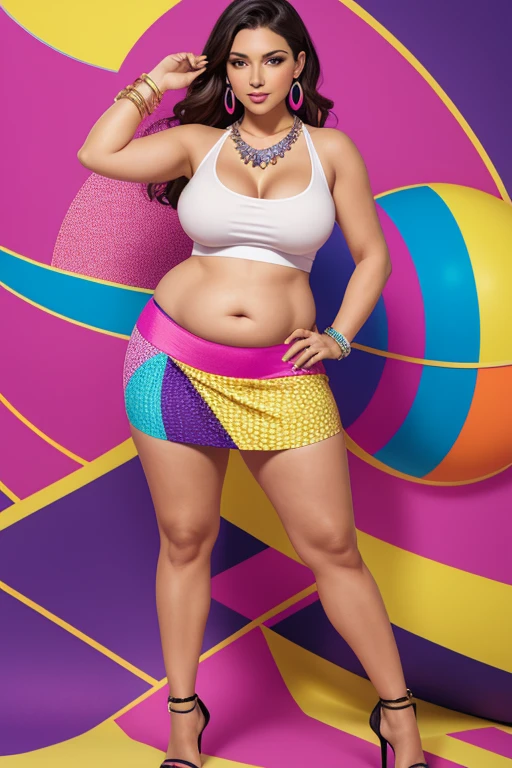 obesity, best quality, masterpiece, sleeveless tee, Tight, belly button exposed, H-shaped skirt that reveals more than 10cm above the knees, High heels that are very flashy and have a heel of more than 7 cm., large, colorful necklace, large and colorful earrings, large and colorful bracelets, Stockings with colorful and unconventional colors and patterns, Underwear with flashy and unconventional colors, patterns and shapes