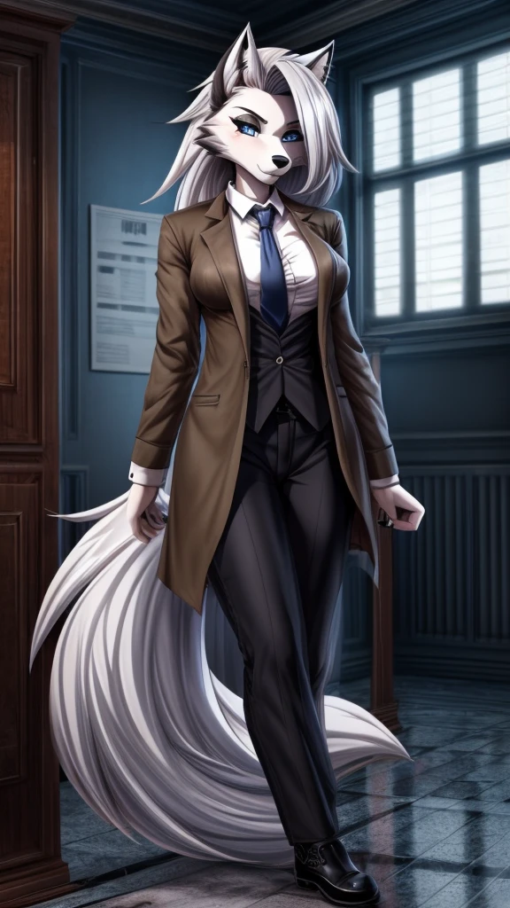 Loona from Helluva Boss, female wolf, mature adult, anthro, white hair, blue eyes, forensic expert, white shirt with tie, black pants, black shoes, brown coat, detailed, solo, beautiful, high quality, manhwa style, 4K