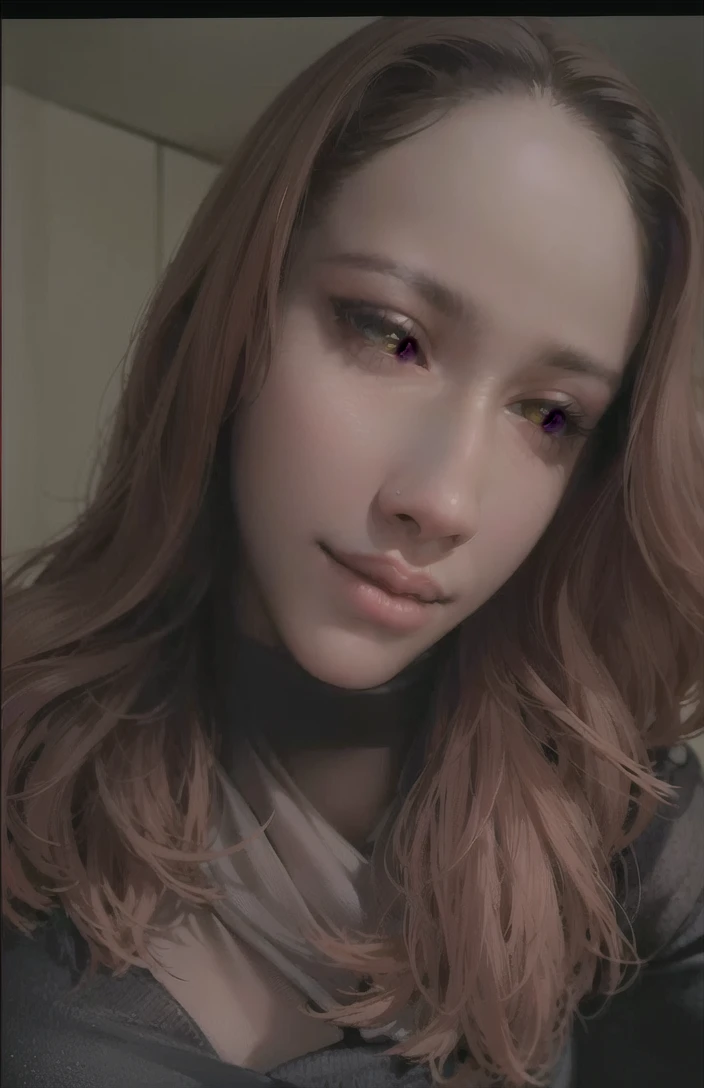 detailed shiny skin, (realistic, photo-realistic:1.4), a pretty girl, standing, looking out of window, white shirt, collared shirt, black necktie, black trousers, long sleeves, slight smile (nose blush), yellow eyes + ringed eyes, short hair + red hair + long braided hair, makima \(chainsaw man\)