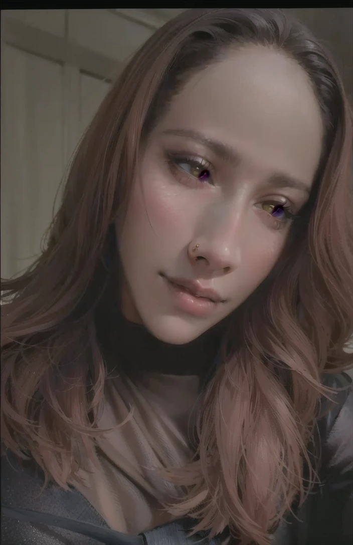 detailed shiny skin, (realistic, photo-realistic:1.4), a pretty girl, standing, looking out of window, white shirt, collared shirt, black necktie, black trousers, long sleeves, slight smile (nose blush), yellow eyes + ringed eyes, short hair + red hair + long braided hair, makima \(chainsaw man\)