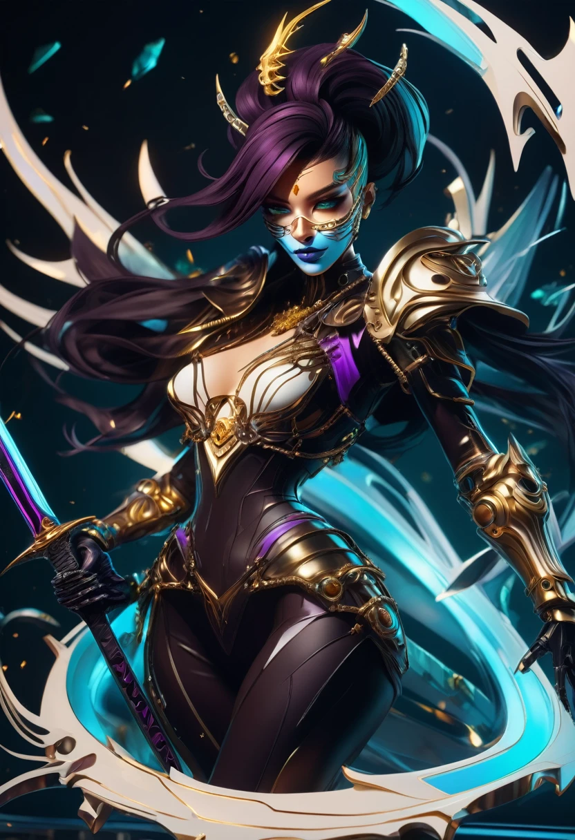 ( High quality , Ultra-detail, carefully with your hand )tarot card, chiaroscuro technique on sensual illustration of an queen of sword, a teenage fashion model wearing an exo-skeleton mask, vibrant colors, futuristic cyberpunk style, intricate details, cinematic lighting, dramatic pose, an elegant complex bio mechanical onyx and gold, intricate details, official art, unity 8k wallpaper, ultra detailed, beautiful and aesthetic, (in a room with black walls illuminated by violet neon lights :1.1)