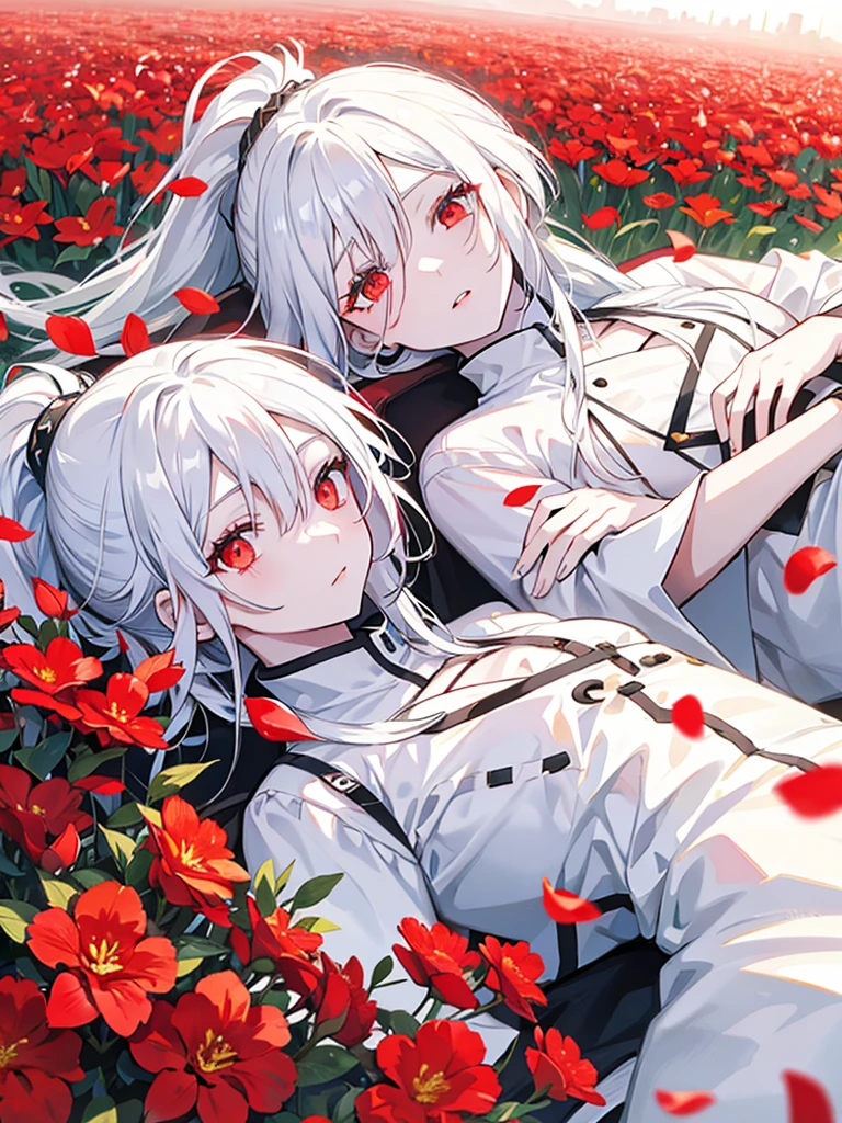 Lying in a flower field, red eyes, white hair, beautiful white hair, bright eyes, ponytail,