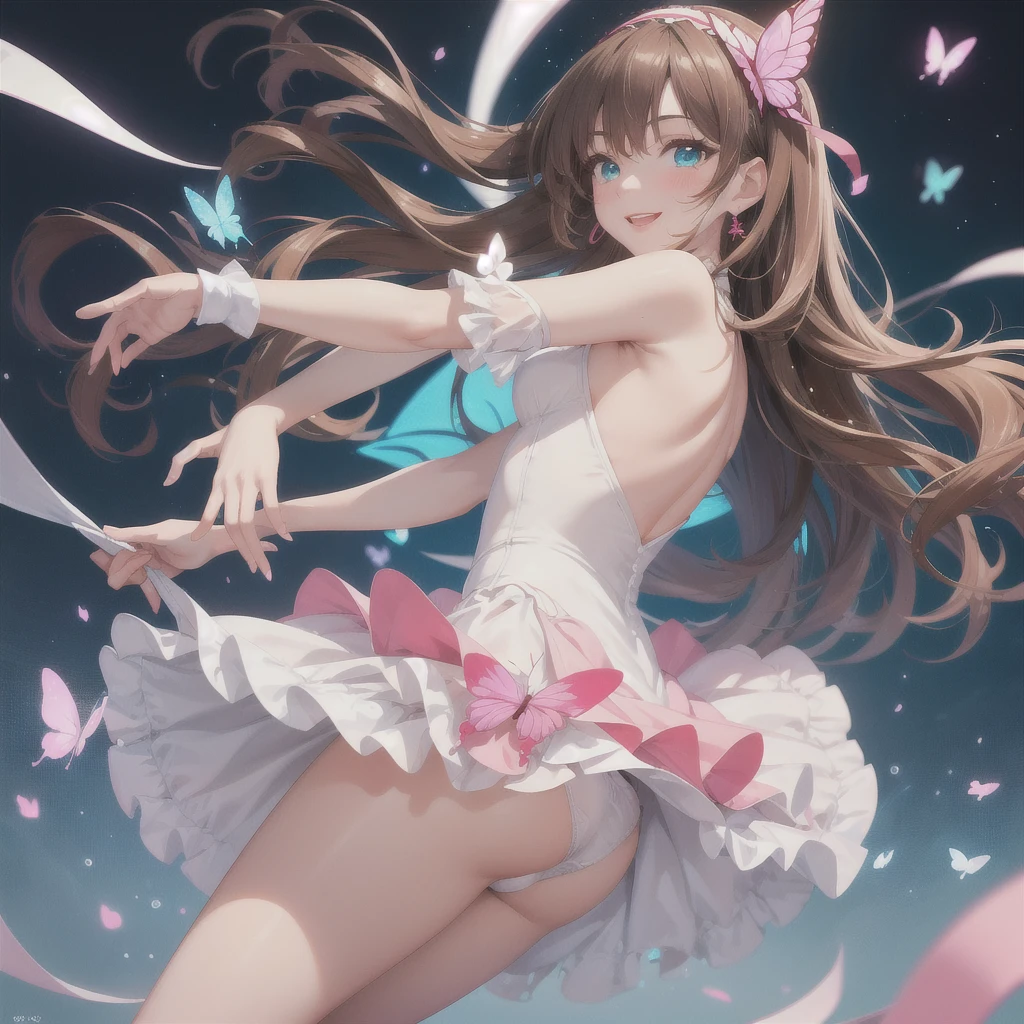 1 beautiful girl, anime girl wearing a pink figure skating dress, looks like a model, skating rink, turquoise eyes, detailed eyes, joyful expression, white panties, fully exposed panties, sexy skating pose, wavy hair, light brown hair, brown hair, long hair, hair spread out, expressive hair, butterfly hair ornament, red hairband, ta hairband, crystal earrings, smile, red lips, fingersmile, Surrealism, high detail, Color Field painting, anime, glowing light, image fill, first-person view, from below, from side, f/1.8, 85mm, Sony FE GM, 8k, super detail, UHD, masterpiece, high quality, anatomically correct