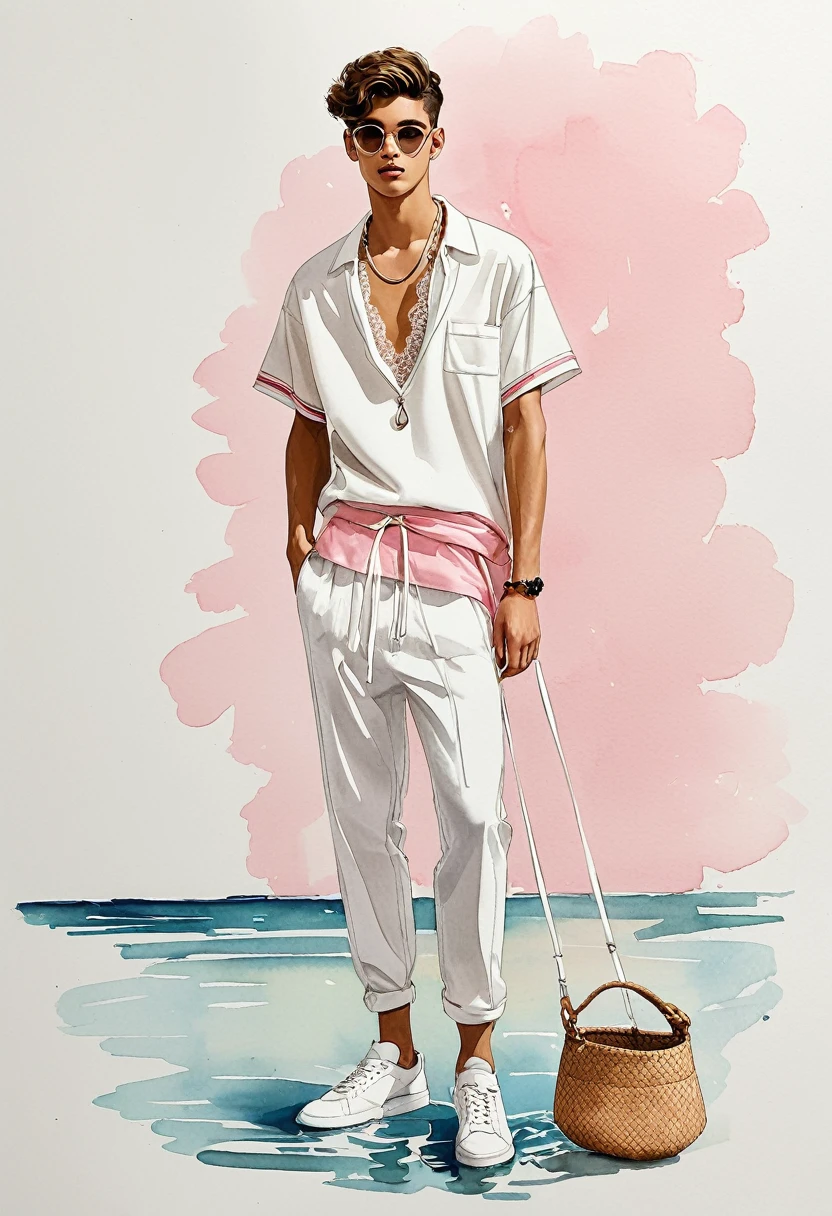 candid fashion illustration of two young mixed male supermodel, both aged 20 year old, ((showcase fashion look book in a White and pink outfits)), inspired by rose flower, in elegant young and chic bohemian style. The man wears an oversized short-sleeved off-white stripe shirt with a minimal lace details, paired with relaxed-fit white Sports pants with Drawstring, He completes his look with white sneakers and round glasses. The 2man complements him in a white cotton woven outfit with  lace details, He ensemble includes an accessorizes with a brimmed straw bag, pom-pom necklace and white sneakers. Captured in a low angle, ((full-body image)), ((imperfect water color background)), sketching, realistic drawing, ((imperfect water color drawing)), fashion look book, fashion illustrator, sketch design, Jacquemus, Chiangmai,