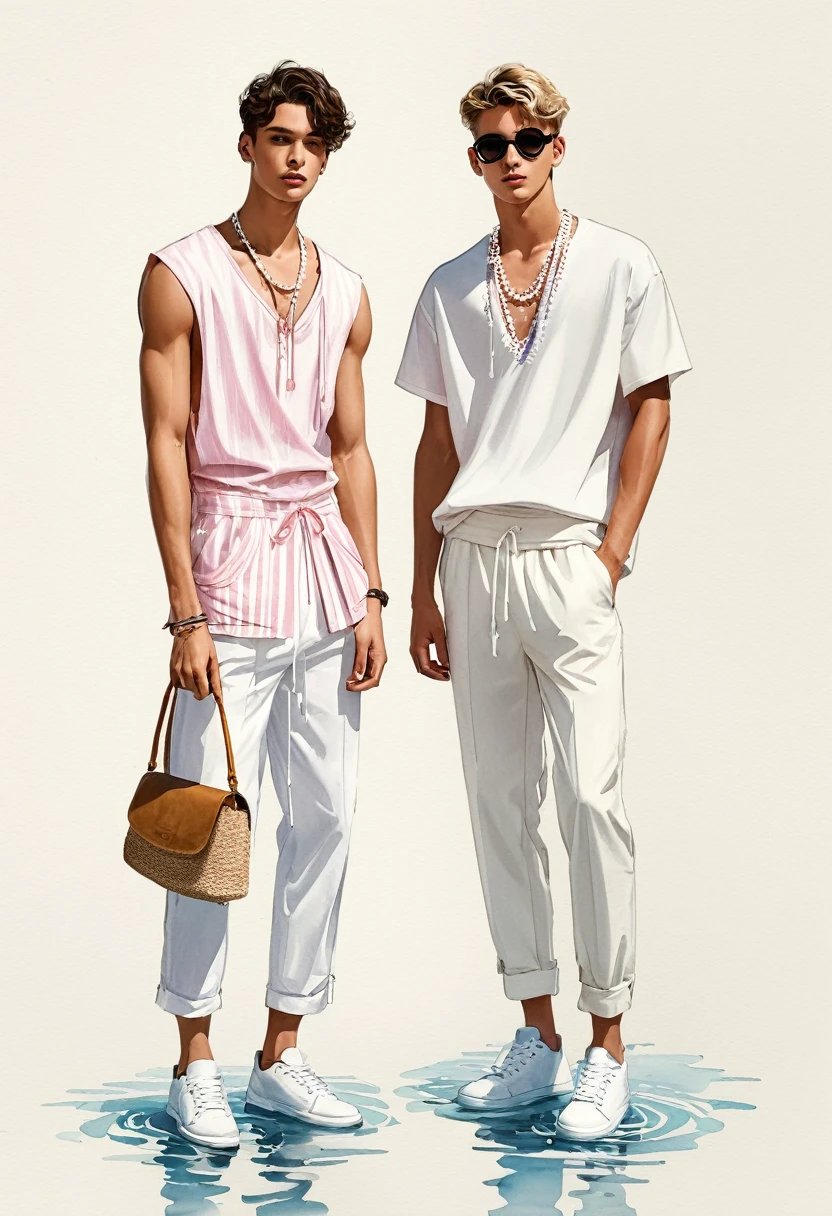 candid fashion illustration of two young mixed male supermodel, both aged 20 year old, ((showcase fashion look book in a White and pink outfits)), inspired by rose flower, in elegant young and chic bohemian style. The man wears an oversized short-sleeved off-white stripe shirt with a minimal lace details, paired with relaxed-fit white Sports pants with Drawstring, He completes his look with white sneakers and round glasses. The 2man complements him in a white cotton woven outfit with  lace details, He ensemble includes an accessorizes with a brimmed straw bag, pom-pom necklace and white sneakers. Captured in a low angle, ((full-body image)), ((imperfect water color background)), sketching, realistic drawing, ((imperfect water color drawing)), fashion look book, fashion illustrator, sketch design, Jacquemus, Chiangmai,