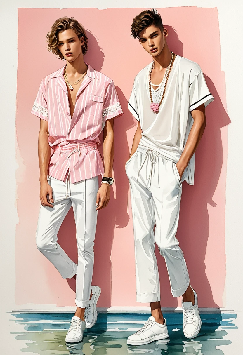 candid fashion illustration of two young mixed male supermodel, both aged 20 year old, ((showcase fashion look book in a White and pink outfits)), inspired by rose flower, in elegant young and chic bohemian style. The man wears an oversized short-sleeved off-white stripe shirt with a minimal lace details, paired with relaxed-fit white Sports pants with Drawstring, He completes his look with white sneakers and round glasses. The 2man complements him in a white cotton woven outfit with  lace details, He ensemble includes an accessorizes with a brimmed straw bag, pom-pom necklace and white sneakers. Captured in a low angle, ((full-body image)), ((imperfect water color background)), sketching, realistic drawing, ((imperfect water color drawing)), fashion look book, fashion illustrator, sketch design, Jacquemus, Chiangmai,