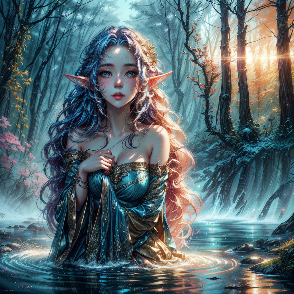 a young woman with long blue hair hair and elf make-up stands in a stream, blushing, shy, sad, 4k fantasy art, close up, detailed fantasy digital art, hyper-realistic fantasy art, Realistic fantasy artwork, beautiful fantasy art, HD-Fantasy-Kunst, detailed fantasy art, realistic fantasy painting, very beautiful fantasy art, digital art fantasy art, 4k highly detailed digital art, Detailed digital art in 4K, amazing fantasy art
