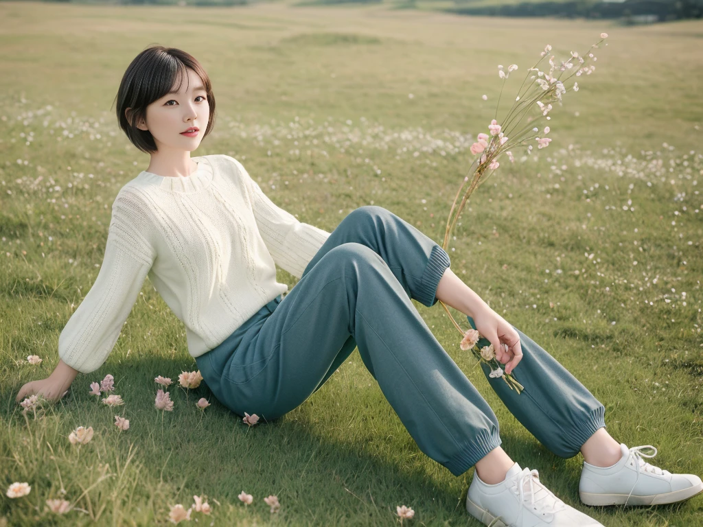 grassland,rosette,Girl sitting on the grass,flower ring,8K, best quality, realistic, very detailed,distance, Full Body Sbian,Wearing high-quality knits and pants, 36 years old, short medium hair