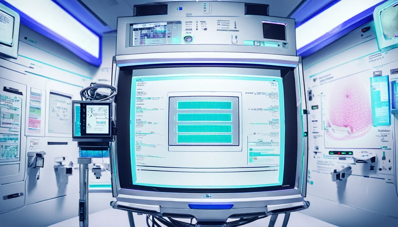 Wall close-up photography,　Take a photo straight-on facing the wall.　 A futuristic clinic features monitors displaying medical and chemical data.。Bright spot with white walls, Scientific research, The camera is parallel