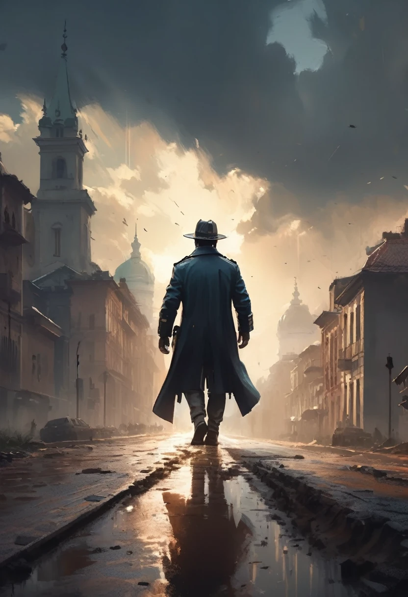 a man looking at the end of a straight road, (((a police car with sirens on behind the man))), the light of freedom ahead, a man's hands raised in triumph, rainy day, the old city, , a man's feet buried in the mud on the road, masterpiece, best quality, (very 8k unity CG wallpaper details), (best quality), (best illustration ), (best shadows), absurd, realistic lighting, (Abyss), beautiful light details, artwork by PeterMohrBacher,