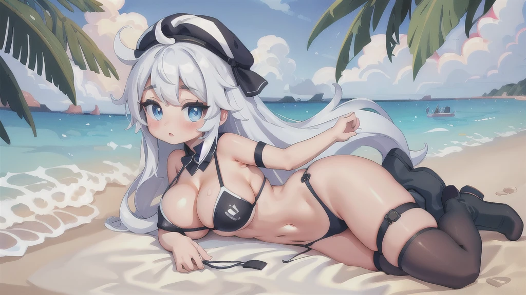 (masterpiece, best quality, high quality, highres, ultra-detailed), 1girl, solo, long hair, blue eyes, white hair, large breasts, bikini, ocean, cabbie hat,