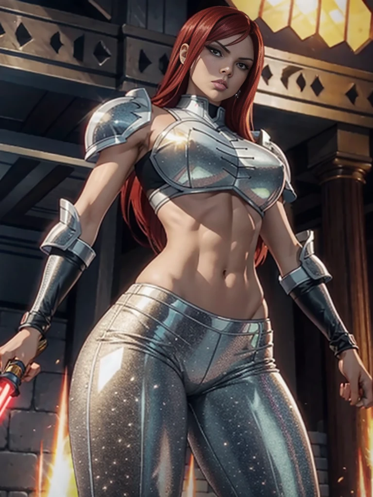 1female, erzascarlet, brown eyes, long red hair, skinny, lean toned body physique, wide hips big hips, tan, trim stomach, big breasts, crystalline armor, diamond armored chestplate, tight iridescent pants fishscale-pattern, leather elbow gloves, thick lips, glowing lightsaber, rocket boots, depth of field, perspective, foreshortening, angle composition