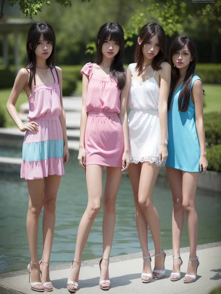 A beautiful 4 girls in pink blue aqua and red tight mini house dress, wearing bikini g-string, full body, with female friends, bobbed long hair, bangs hairstyle, high heels, little smile, standing,(best quality,4k,8k,highres,masterpiece:1.2),ultra-detailed,(realistic,photorealistic,photo-realistic:1.37),vivid colors,high fashion,glamour,portrait,fashion,beauty