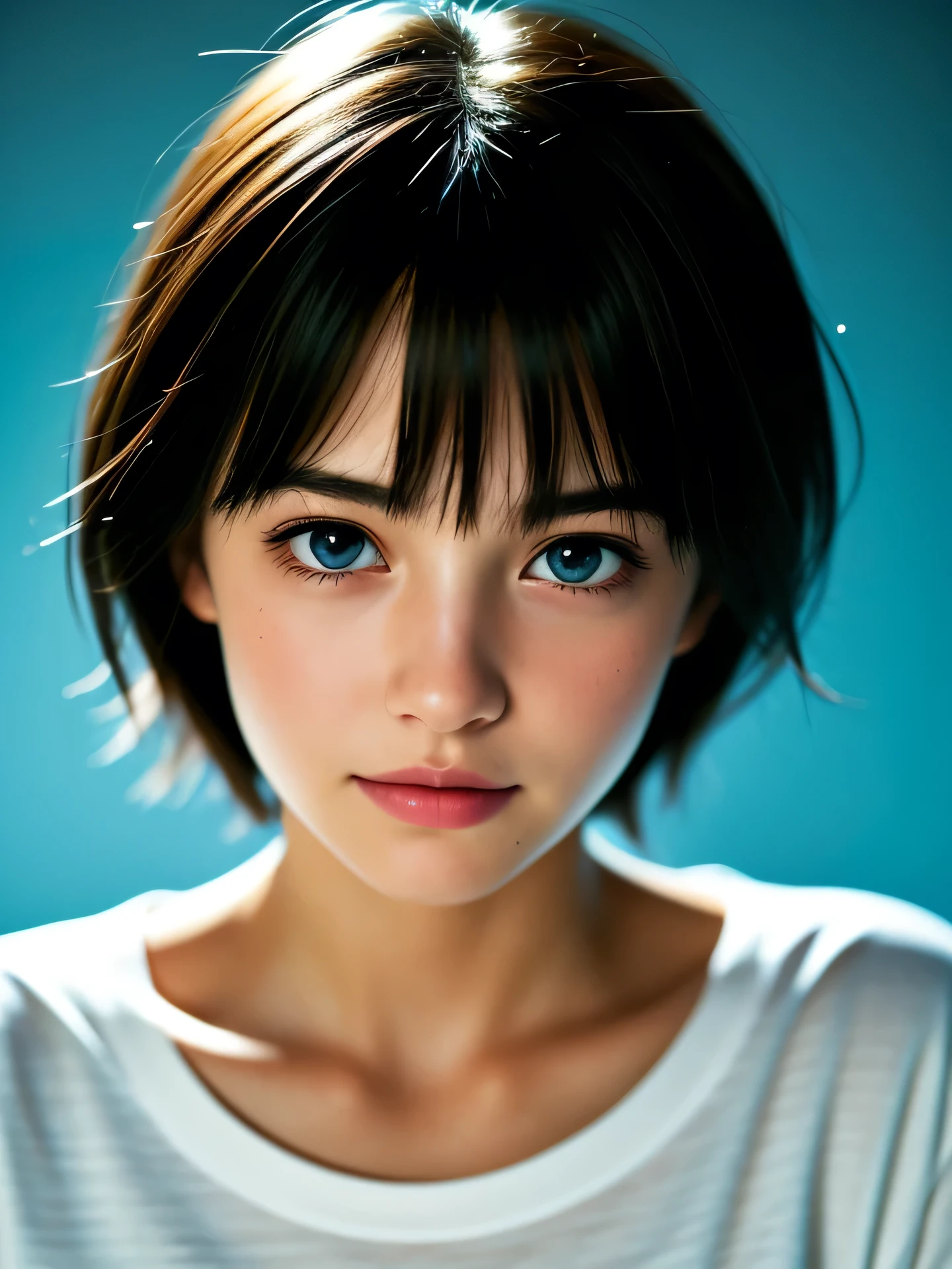 (Photo Real:1.4), (hyper realisitic:1.4), (Smooth lighting:1.05), 1 girl, teenager, blue eyes, happy, shy, smile, (looking away:1.2), Close-up of the face, Soft lighting, Back lighting, (Finest Real Textured Skins), Super fine face, glowy skin, retinas, Anatomically correct, (short Hair:1.1), bangs, Textured skin, High quality, high details, Best Quality, High resolution, Colorful T- shirtsr