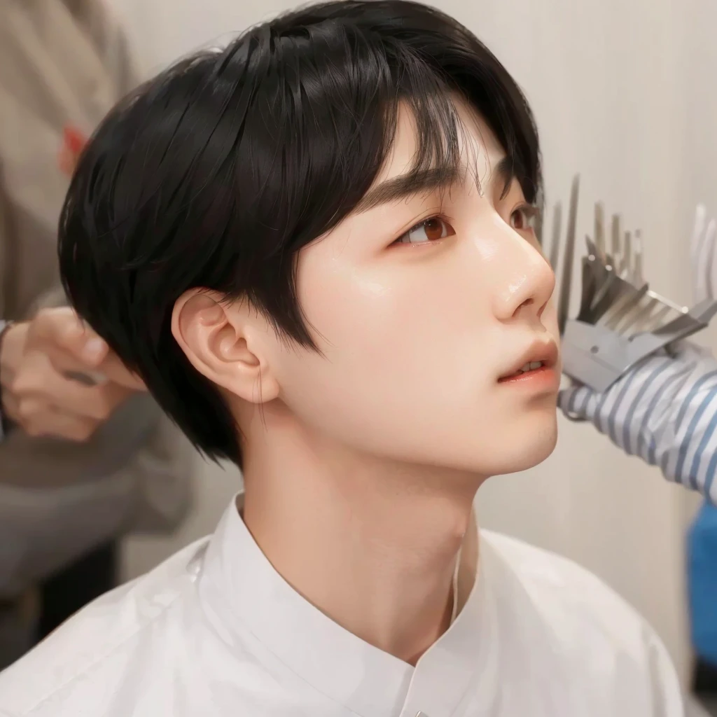 araffed asian man having his hair cut by a woman, Kim Doyoung, Jungkook, cai xukun, Jinyoung Shin, Tae June Kim, hyung tae, adorable and pale korean face, he has an elongated head shape, inspired by jeonseok lee, Shin Jeongho, boy has short black hair, boy skinny face, inspired by Bian Shoumin
