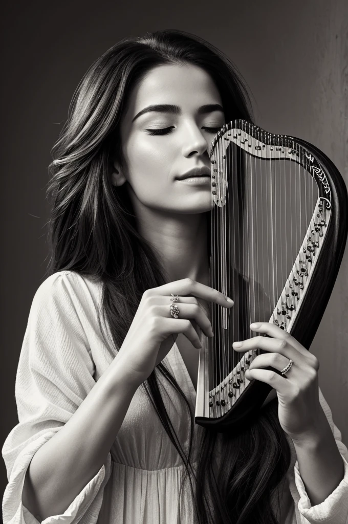 a woman with her eyes closed playing a mouth harp (jewish harp). The drawing is in black and white and stands out for its detailed and realistic style.. The woman has long, flowing hair, that extends throughout the image as if it were floating in the air. His hands are drawn precisely, and you can see a ring on one of his fingers. The background texture adds an ethereal and artistic look to the image. Throughout your hair, elements that resemble feathers or wings are mixed, creating a sensation of movement and lightness."