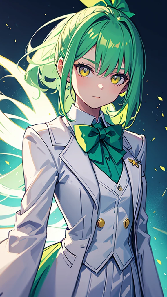 upper body,1girl,9 year old girl,green hair,yellow eyes,ponytail,white suit,green overall,Purple bow tie,hyper detailed,cinematic lighting,best quality,masterpiece,blue background