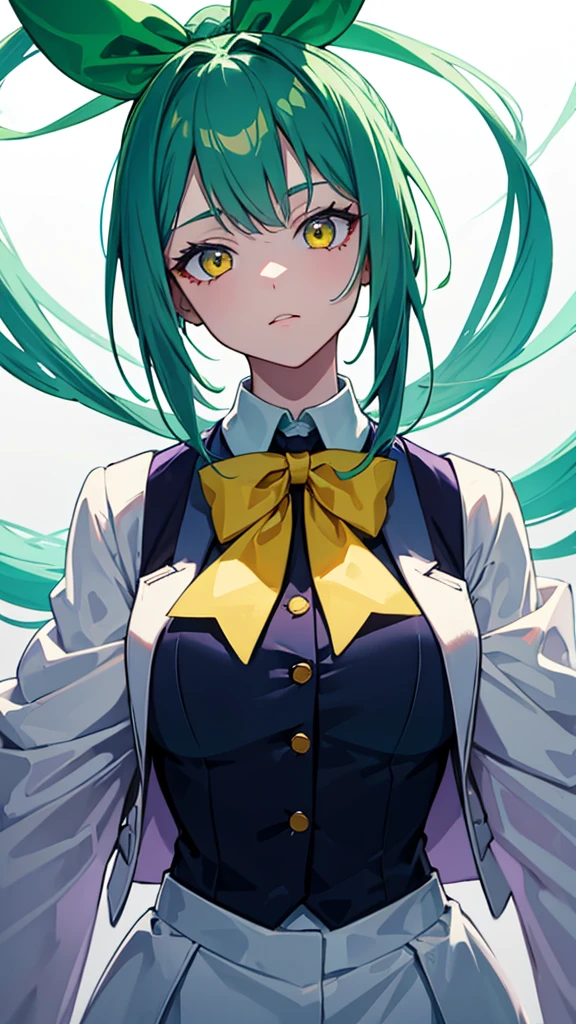 upper body,1girl,9 year old girl,green hair,yellow eyes,ponytail,white suit,green overall,Purple bow tie,hyper detailed,cinematic lighting,best quality,masterpiece,blue background