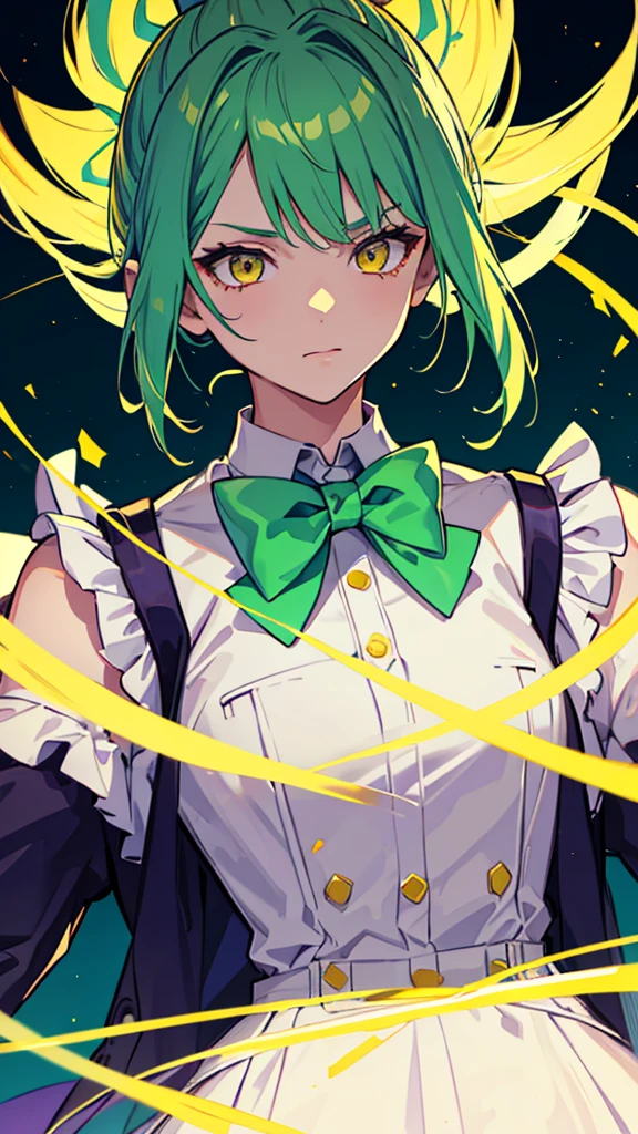 upper body,1girl,9 year old girl,green hair,yellow eyes,ponytail,white suit,green overall,Purple bow tie,hyper detailed,cinematic lighting,best quality,masterpiece,blue background