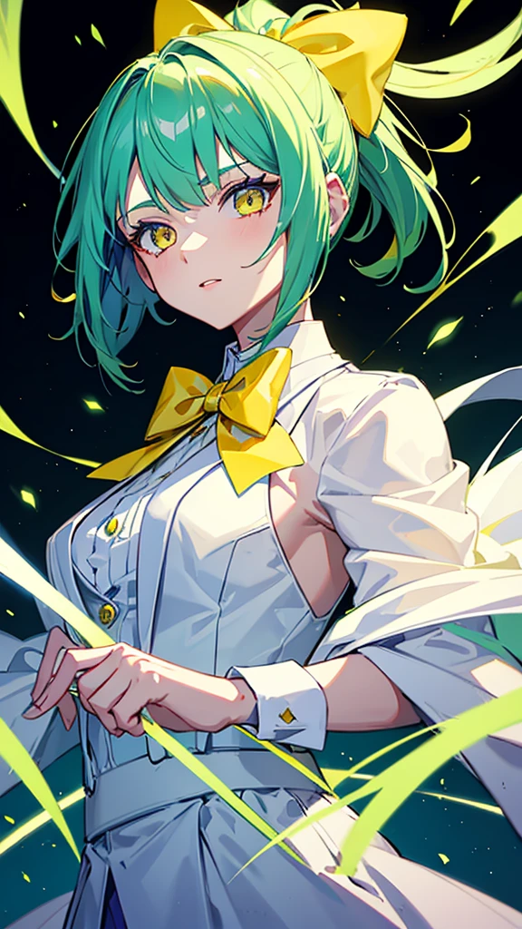 upper body,1girl,9 girl,green hair,yellow eyes,ponytail,white suit,green overall,Purple bow tie,hyper detailed,cinematic lighting,best quality,masterpiece,blue background
