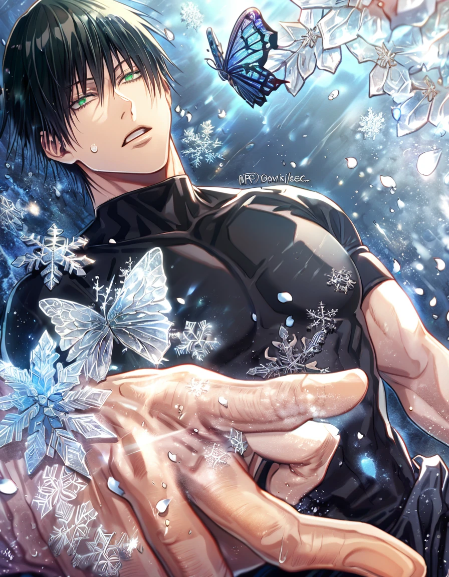 Ultra detailed, HDR, Highres, absurdres, master piece, Fushiguro Touji, black straight hair, expressive green eyes, solo, man, Jujutsu Kaisen, handsome, ice glittering butterflies, ice, petals, ice flowers, glittering, water, fantasy, magical, snowflakes, cold, black tight shirt, toned chest, glass
