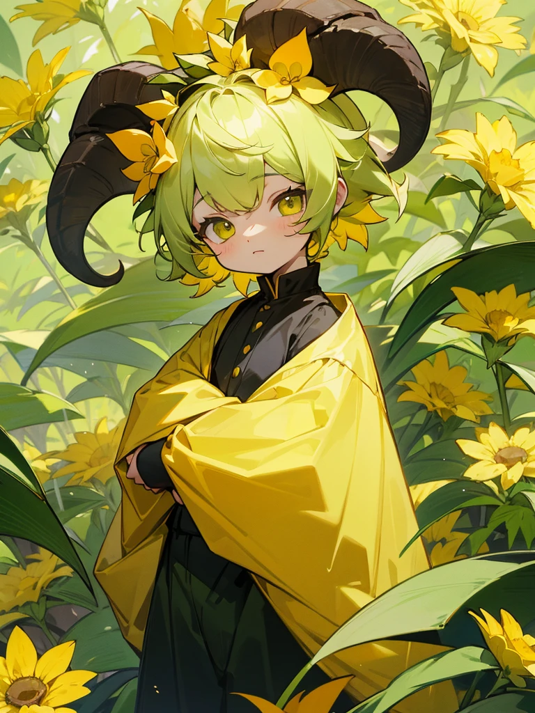 1 goat boy,yellow flowers,green and yellow clothes,???