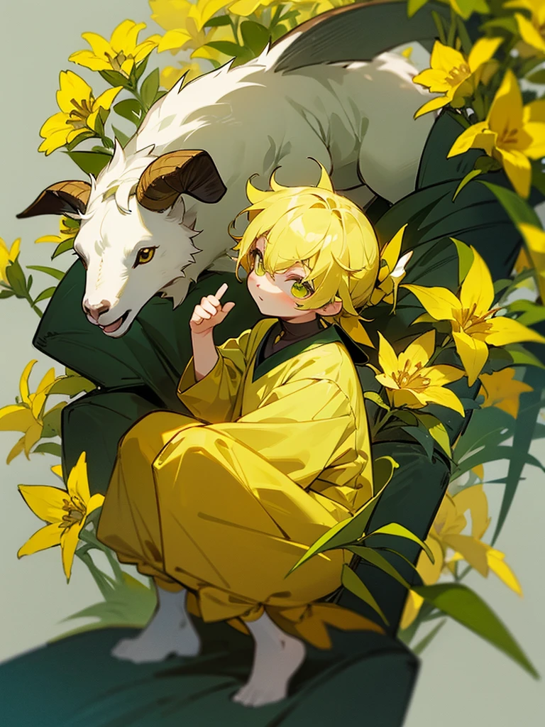 1 goat boy,yellow flowers,green and yellow clothes,kid