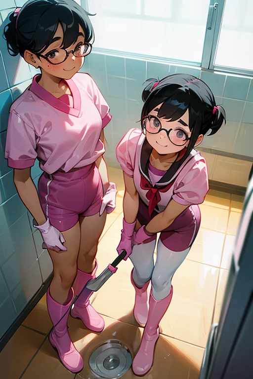A pair of elementary school girls with glasses and black hair tied up in a ponytail, wearing white rubber boots, large pink rubber gloves, and gym caps, cleaning the water fountain with a smile on their faces.