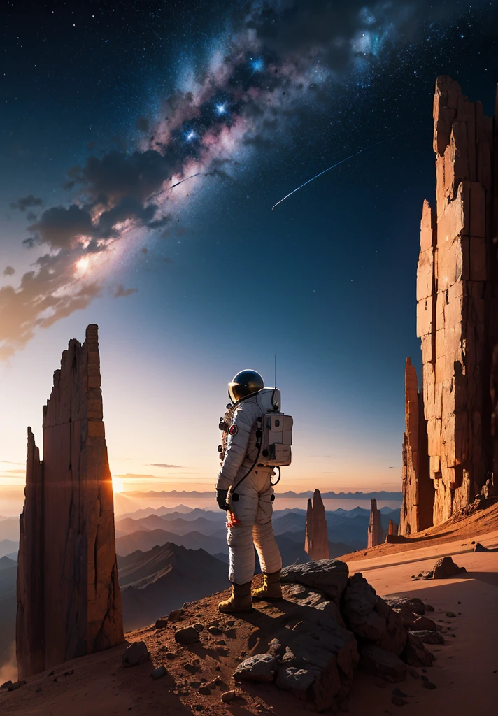 An astronaut stands triumphantly on the summit of a towering mountain on Mars, planting an American flag into the rocky ground. The Martian night sky is a breathtaking expanse of stars, casting a serene glow over the rugged, red-tinged terrain. The flag flutters gently in the faint Martian breeze, illuminated by the lights from the astronaut's helmet.
The scene is captured from a slightly low angle, emphasizing the height and grandeur of the mountain peak. Jagged rocks and cliffs extend downwards, leading the eye to the vast Martian landscape below. The astronaut's pose is proud and resolute, symbolizing human achievement and exploration. The distant horizon is marked by the silhouettes of other mountains and ridges, all bathed in the tranquil light of the starry sky. The composition is both inspiring and beautiful, capturing the essence of exploration and the sublime beauty of the Martian night