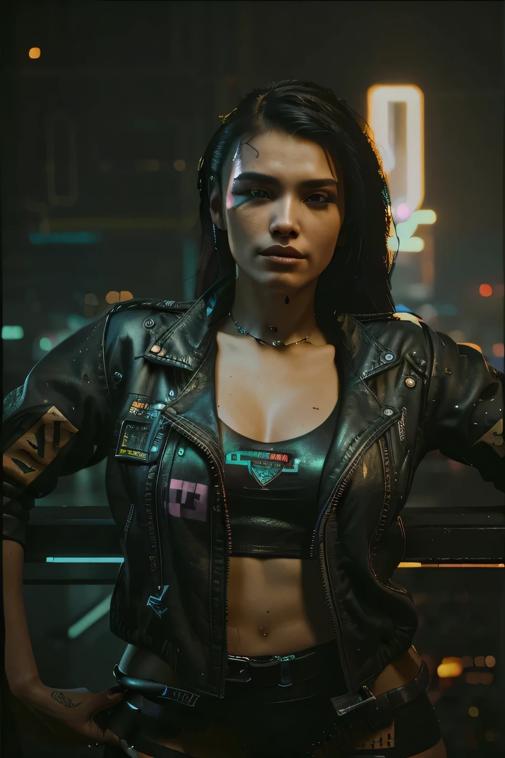 there is a woman in a leather jacket posing for a picture, wearing cyberpunk 2 0 7 7 jacket, cyberpunk judy alvarez, cyberpunk 2 0 7 7 character art, (cyberpunk 2077), in cyberpunk 2077, cyberpunk 2 0 y. o model girl, in cyberpunk 2 0 7 7 cp 2 0 7 7, cyberpunk art ultrarealistic 8k