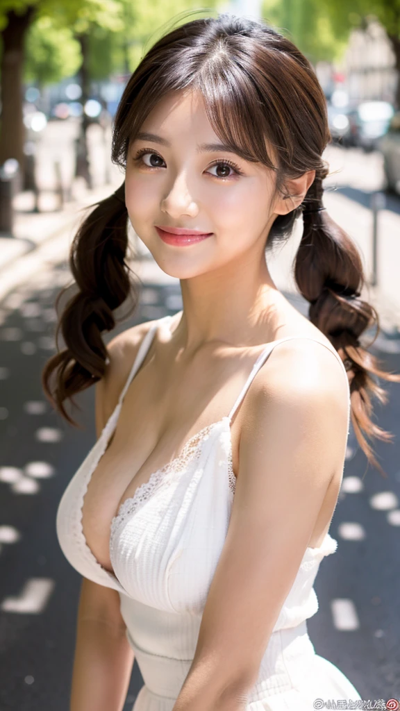 Are standing, Full body photo, Daytime view, Paris background, Professional director, Professional Lighting, (Highest quality, 12896k,masterpiece), Very cute small round face, Red lipstick, Larger lips, Japanese Idol, Big Breasts, clavicle, White Dress, Ultra HD, (Photorealistic:1.1), RAW Photo, One Girl, Beautiful eyes, Very big breasts and big eyes,Twin tails, Black brown hair, Smile,