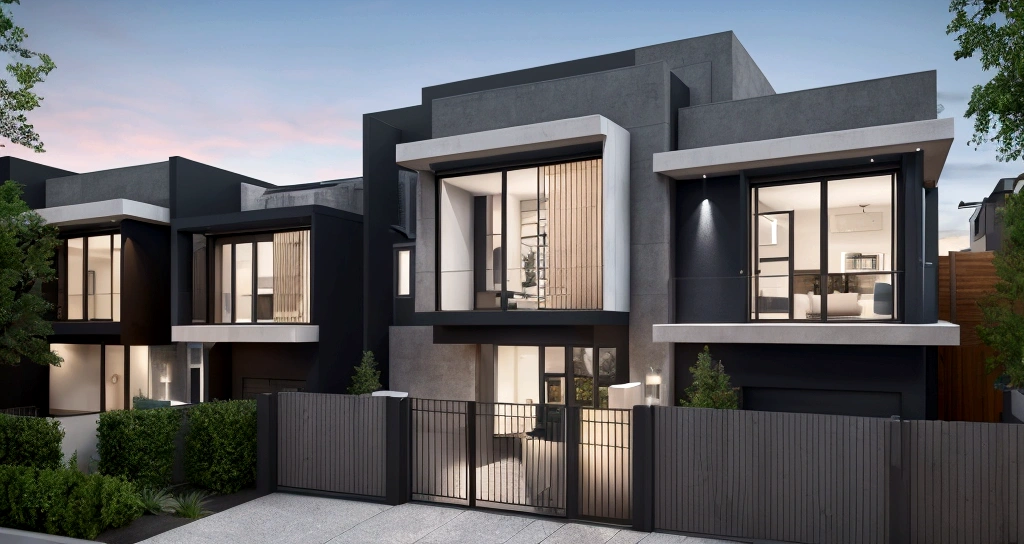 Design a contemporary urban townhouse featuring a prominent facade with integrated pathways for pedestrians and vehicles, capturing the dynamic flow of urban life, Realistic images, 8k, extremely high resolution