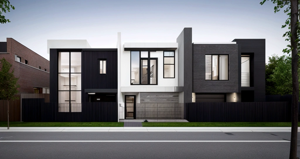 Design a contemporary urban townhouse featuring a prominent facade with integrated pathways for pedestrians and vehicles, capturing the dynamic flow of urban life, Realistic images, 8k, extremely high resolution