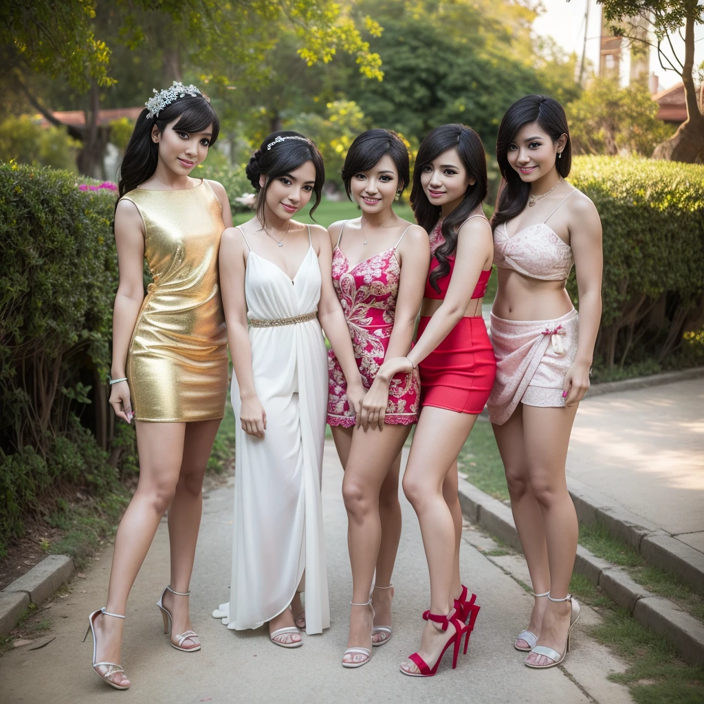 A beautiful Indonesian woman, 2 Indonesian women in transparent mini dresses, 2 Indonesian women in g-string bikinis, smiling, facing the viewer, high heels, bangs hairstyle, red nail polish, earrings, at the  Park, (best quality,4k,8k,highres,masterpiece:1.2),ultra-detailed,(realistic,photorealistic,photo-realistic:1.37),vibrant colors,dramatic lighting,intricate details,elegant,sensual,fashionable