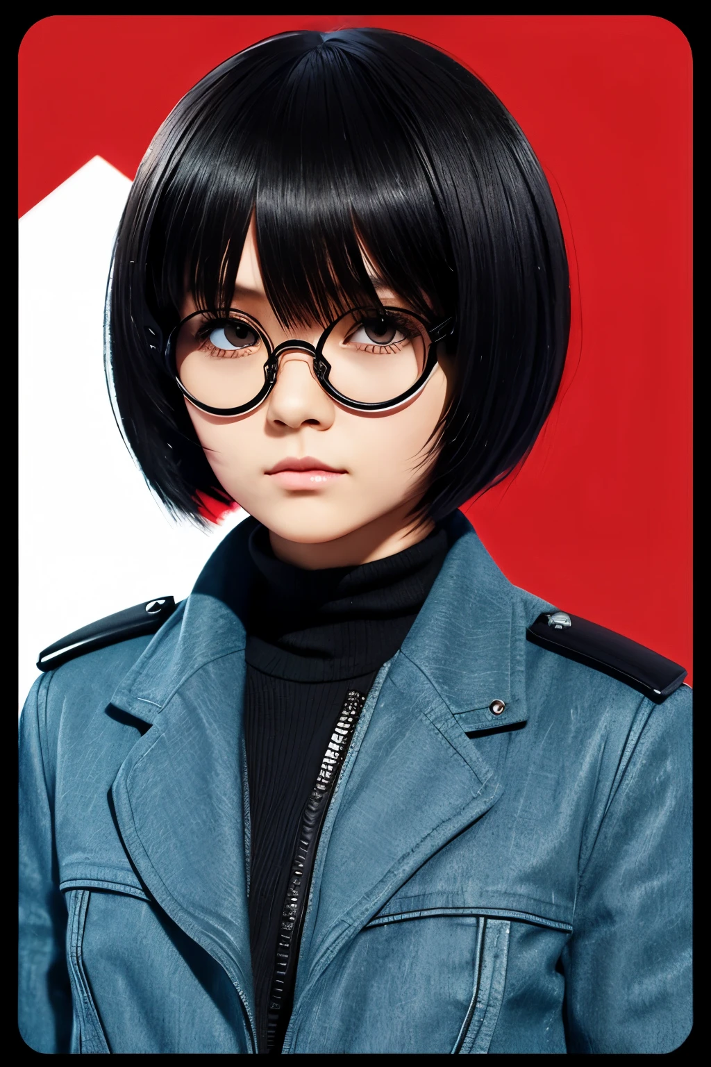 Anime chibi style, portrait, 1girl, androgynous, feminine face, apathetic, black hair, short back hair, long bangs, side parted bangs, red inner hair, coat, jacket, sci-fi, black goggles