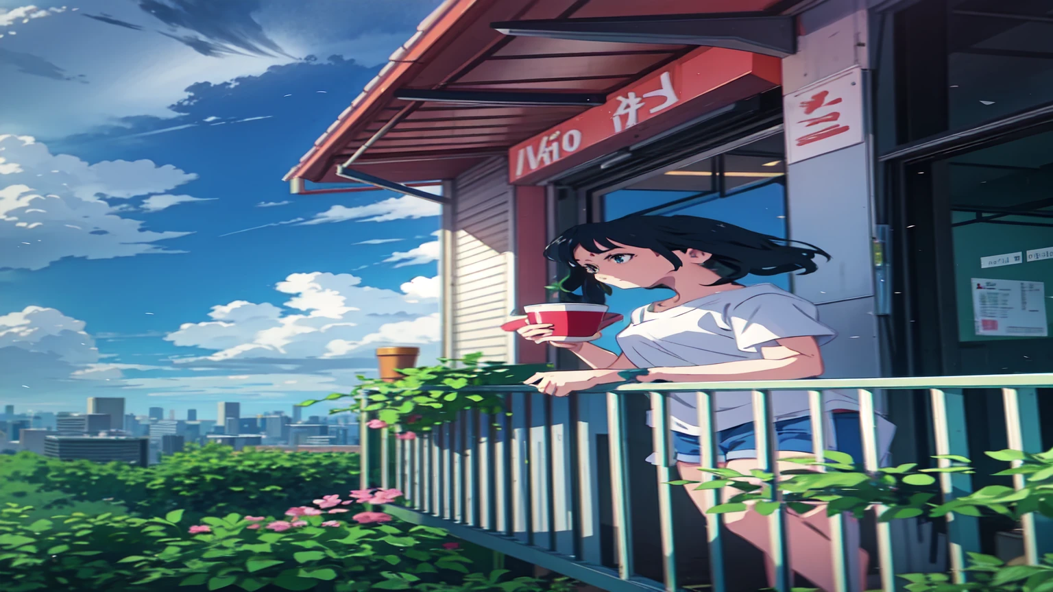 Girl standing on balcony with mug in hand, cgsociety 9, Chill Hop, Alena Aenami and Artgerm, Makoto Shinkai and Artgelm, The Lo-Fi Girl Aesthetic, Anime Scenery, makoto shinkai and (Cain Kuga), Lo-fi aesthetic, Anime scenery, Anime Nature, roof backgrond, Anime Wallpaper